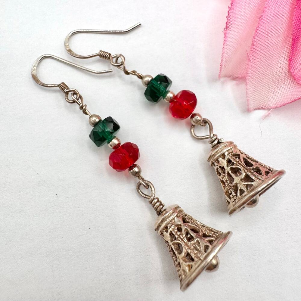 Silver Filigree Bell Festive Christmas Earrings Green Red Glass Bead Acid Tested